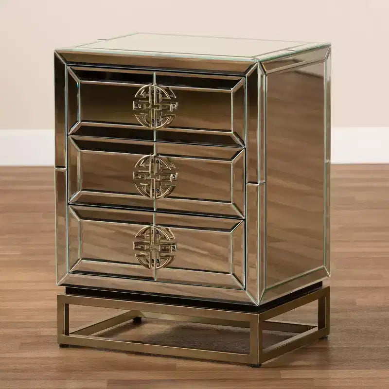 3-Drawer Mirrored Nightstand with Antique Bronze Finish