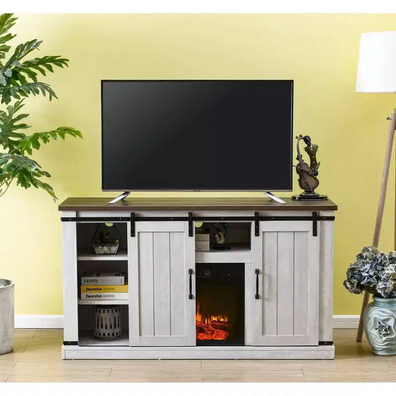 Electric Fireplace TV Stand with Barn Door Console for TVs up to 60 in.