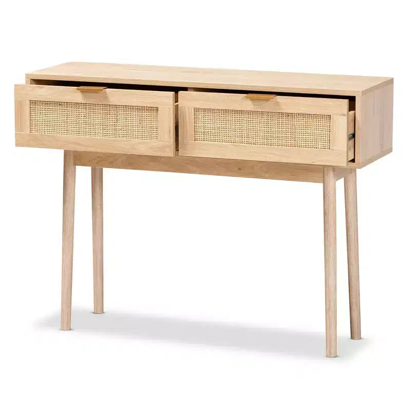 Consolle a 2 cassetti in legno e rattan, marrone