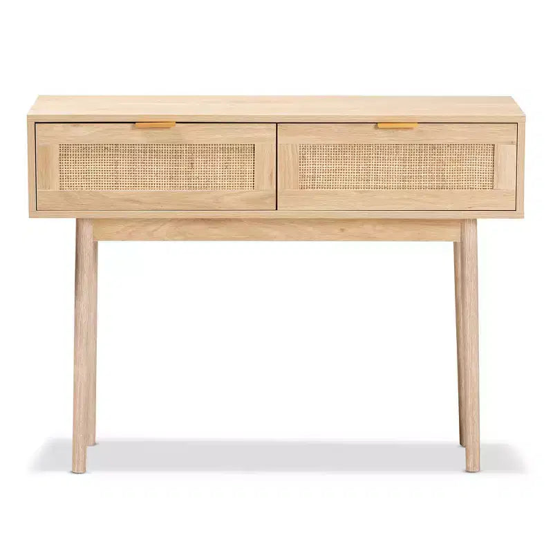 Consolle a 2 cassetti in legno e rattan, marrone