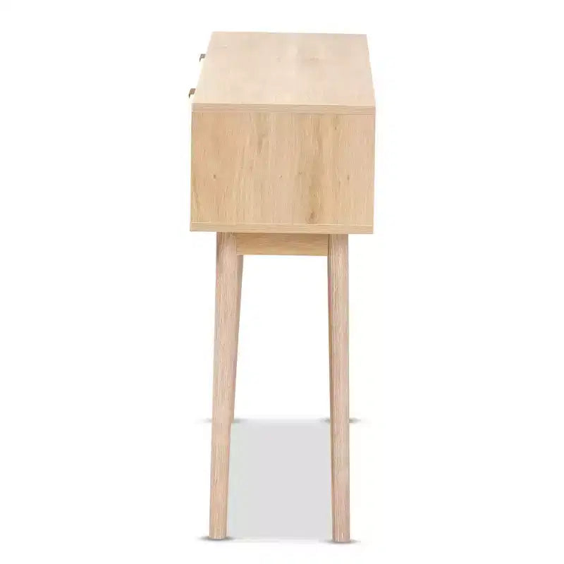 Consolle a 2 cassetti in legno e rattan, marrone