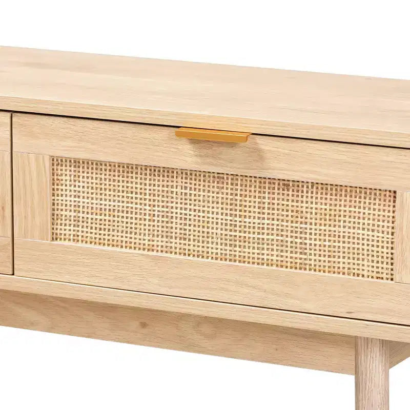 Consolle a 2 cassetti in legno e rattan, marrone
