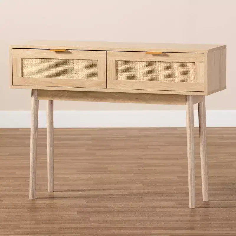 Consolle a 2 cassetti in legno e rattan, marrone