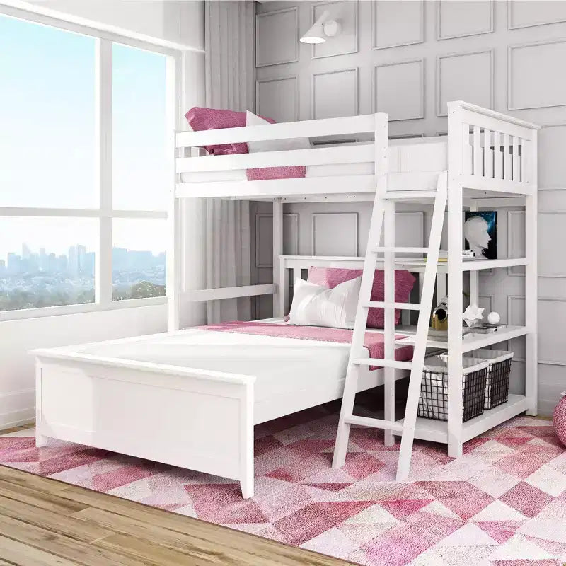L-Shaped Bunk Bed Twin over Full with Bookcase for Kids