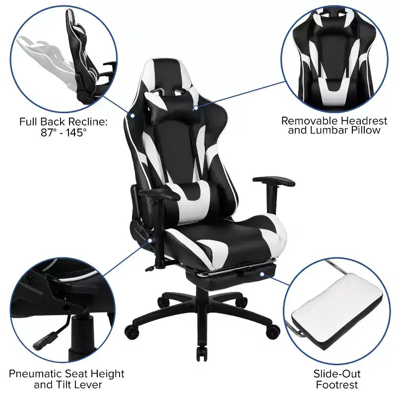 Sedia da gaming stile racing con schienale reclinabile e poggiapiedi estraibile