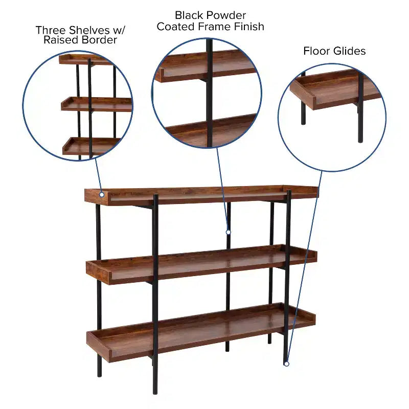 3-Shelf Storage Display Bookcase – 35-Inch Tall, Rustic Wood Grain Finish