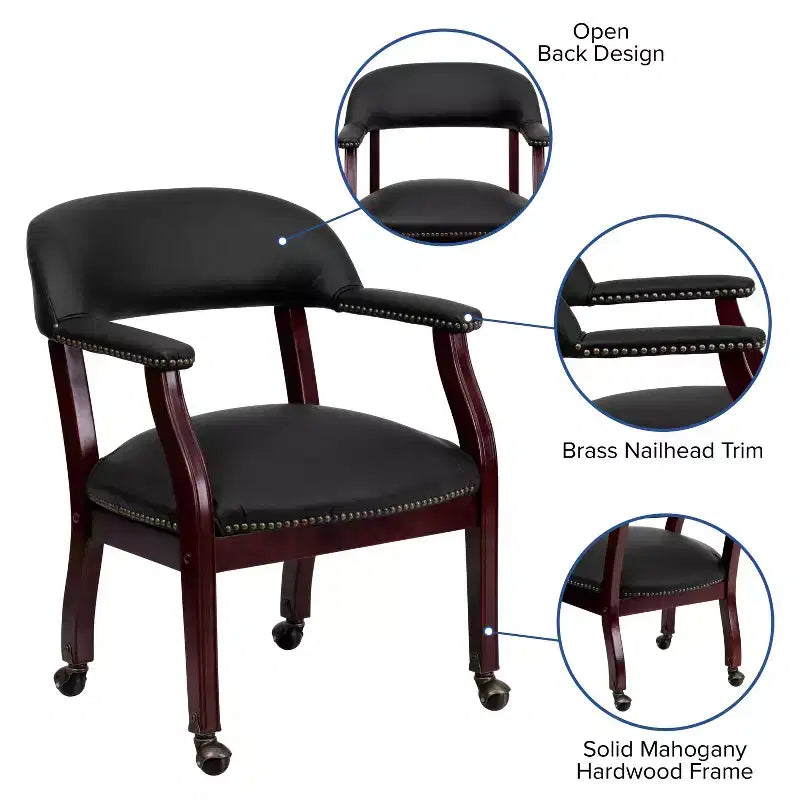 Conference Chair with Brass Nail Trim, Vinyl Upholstery and Casters – Hardwood Frame