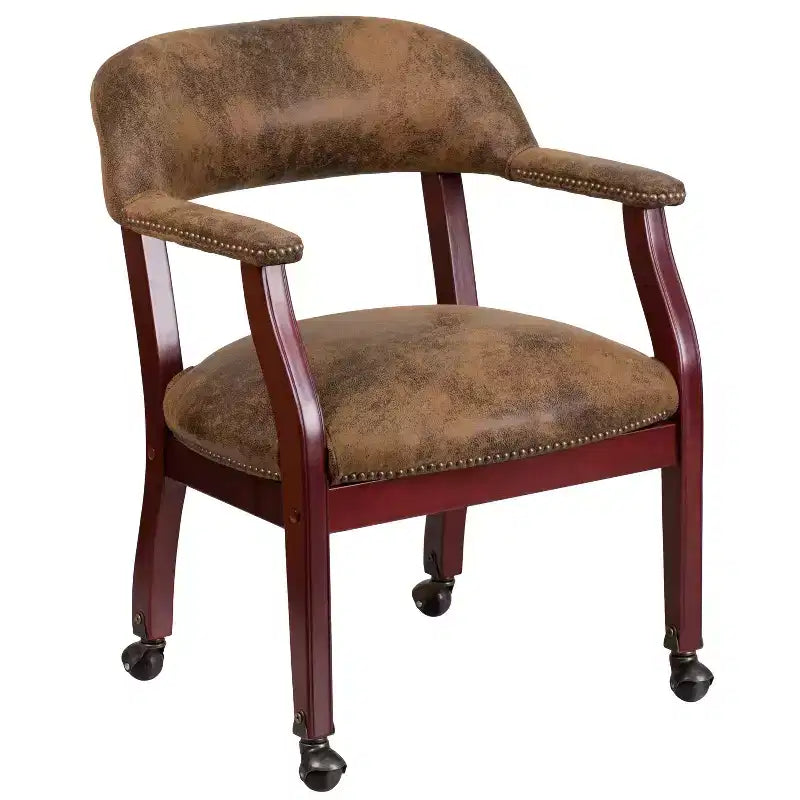 Conference Chair with Brass Nail Trim, Vinyl Upholstery and Casters – Hardwood Frame