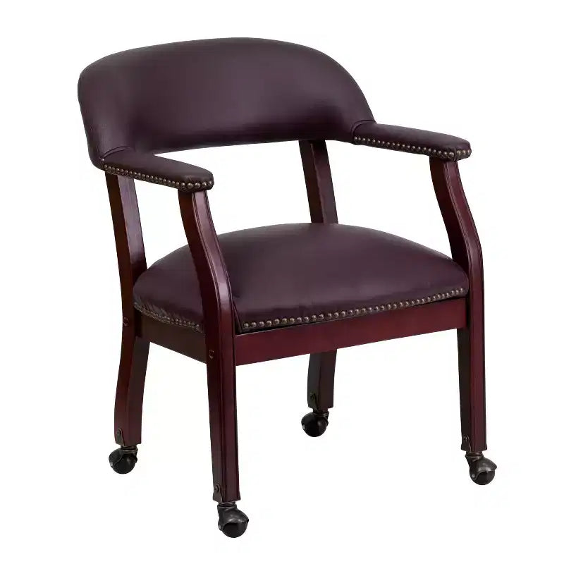Conference Chair with Brass Nail Trim, Vinyl Upholstery and Casters – Hardwood Frame
