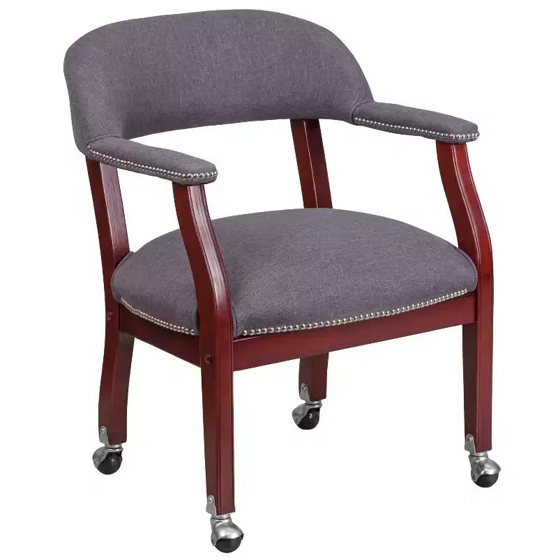 Conference Chair with Brass Nail Trim, Vinyl Upholstery and Casters – Hardwood Frame