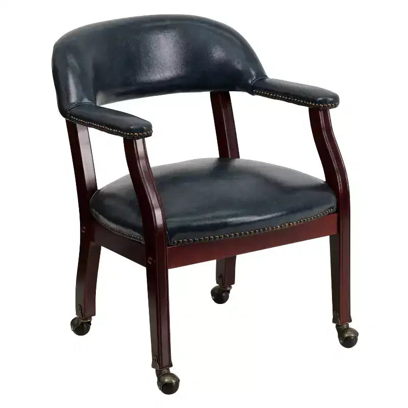 Conference Chair with Brass Nail Trim, Vinyl Upholstery and Casters – Hardwood Frame