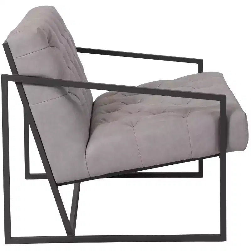 Tufted Lounge Accent Chair with Slanted Arms – Bonded Leather, Metal Frame