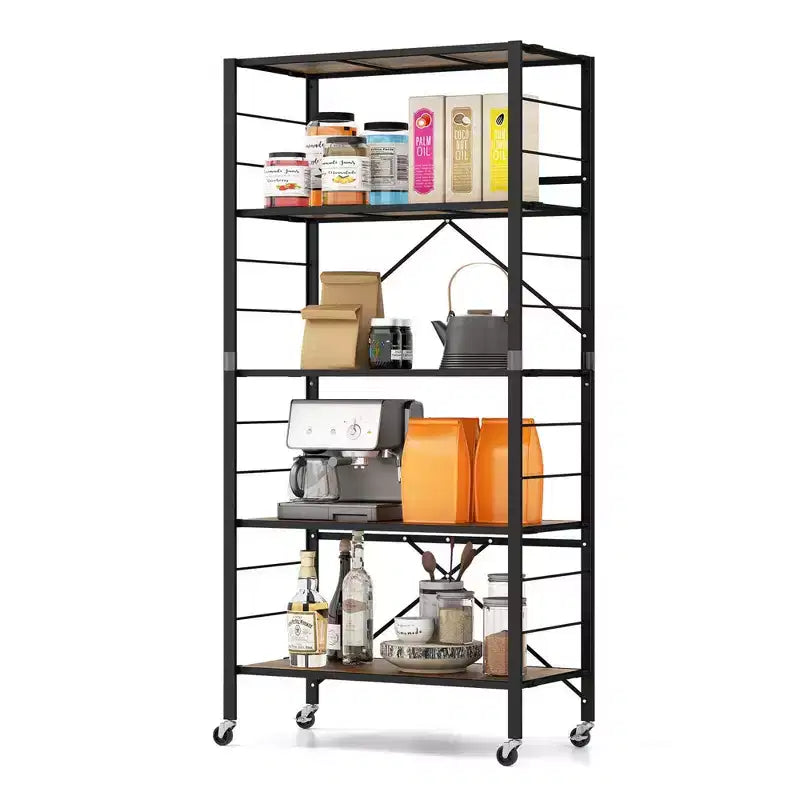 Costway 5-Tier Folding Shelf Free DIY Design Shelving Unit with 4 Universal Wheels Kitchen Black/Natural