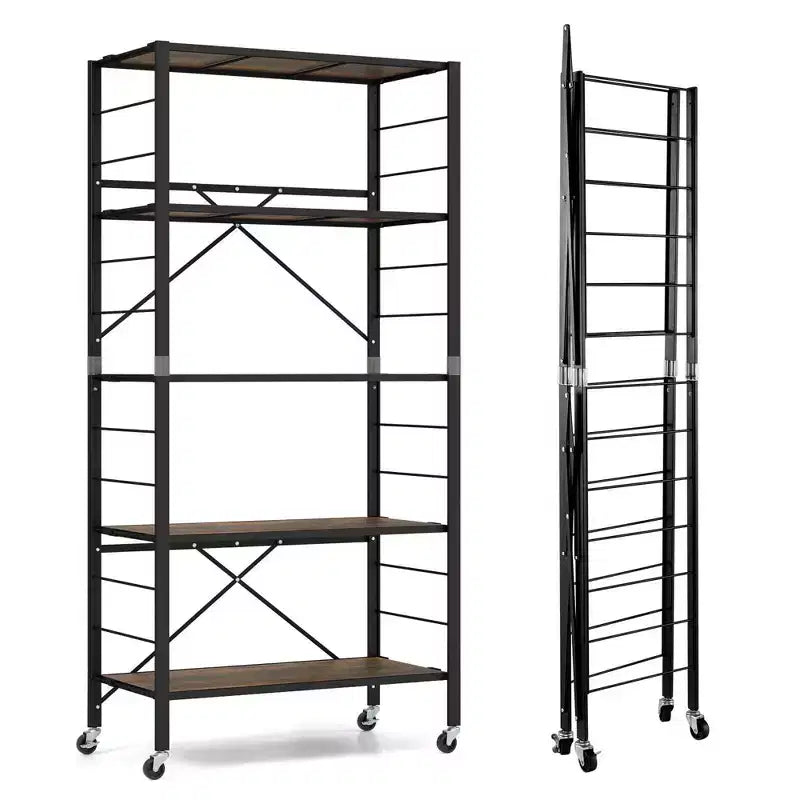 Scaffale pieghevole a 5 ripiani con 4 ruote universali – Design fai da te gratuito, nero o naturale