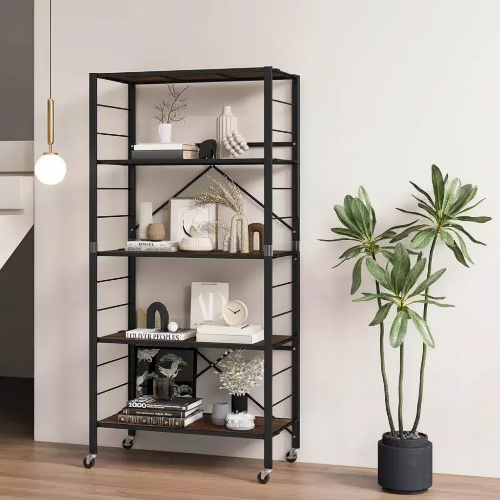 5-Tier Folding Shelving Unit with 4 Universal Wheels – Free DIY Design, Black or Natural