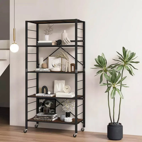 Scaffale pieghevole a 5 ripiani con 4 ruote universali – Design fai da te gratuito, nero o naturale