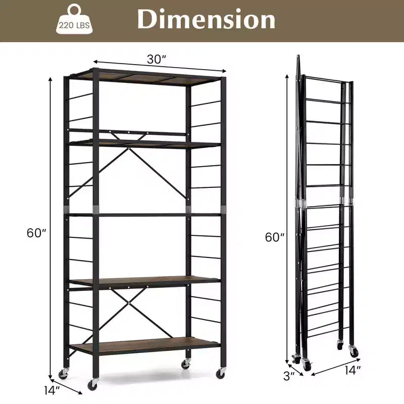 Scaffale pieghevole a 5 ripiani con 4 ruote universali – Design fai da te gratuito, nero o naturale