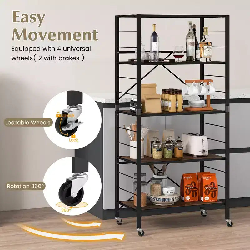 Scaffale pieghevole a 5 ripiani con 4 ruote universali – Design fai da te gratuito, nero o naturale