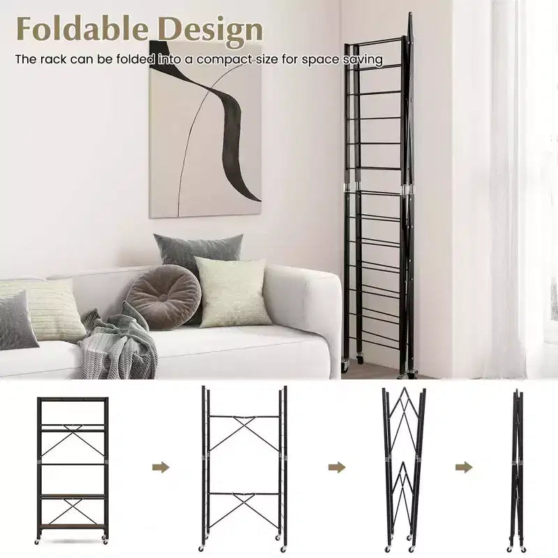 5-Tier Folding Shelving Unit with 4 Universal Wheels – Free DIY Design, Black or Natural