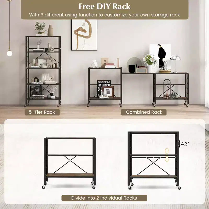 Scaffale pieghevole a 5 ripiani con 4 ruote universali – Design fai da te gratuito, nero o naturale