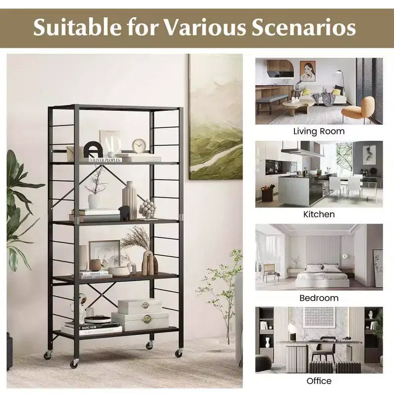 Scaffale pieghevole a 5 ripiani con 4 ruote universali – Design fai da te gratuito, nero o naturale