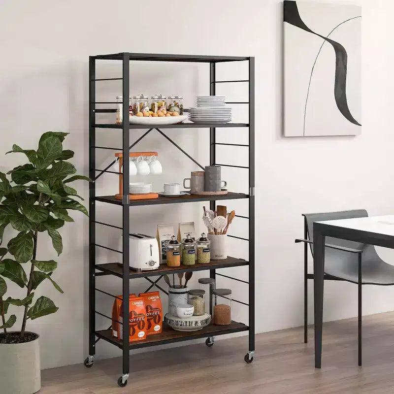 Scaffale pieghevole a 5 ripiani con 4 ruote universali – Design fai da te gratuito, nero o naturale