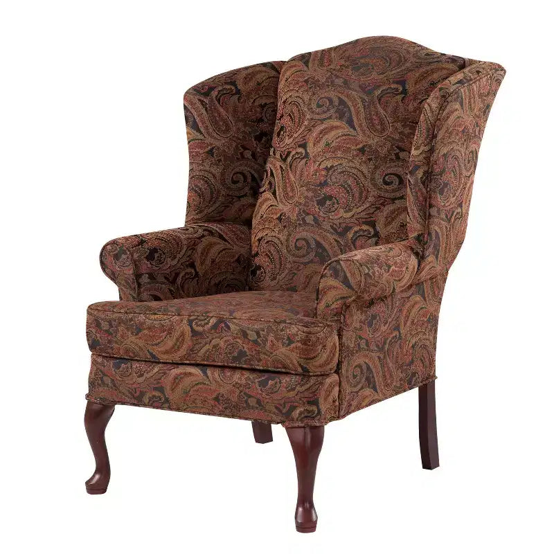 Poltrona Wingback tradizionale con rivestimento in poliestere fantasia Paisley e struttura in legno