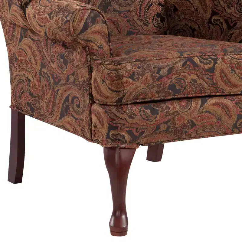 Poltrona Wingback tradizionale con rivestimento in poliestere fantasia Paisley e struttura in legno