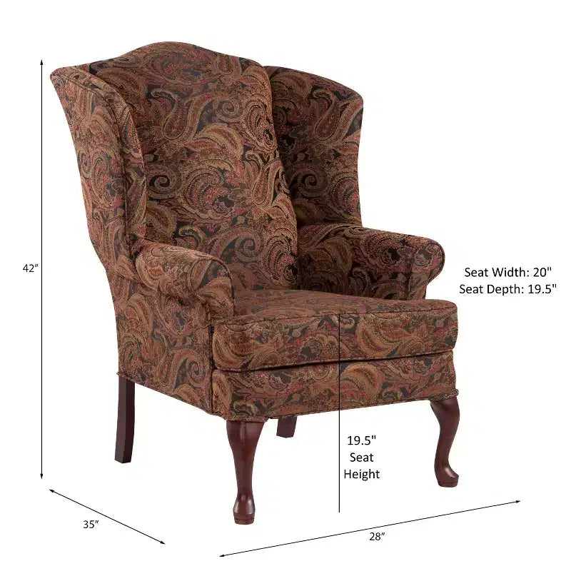 Poltrona Wingback tradizionale con rivestimento in poliestere fantasia Paisley e struttura in legno