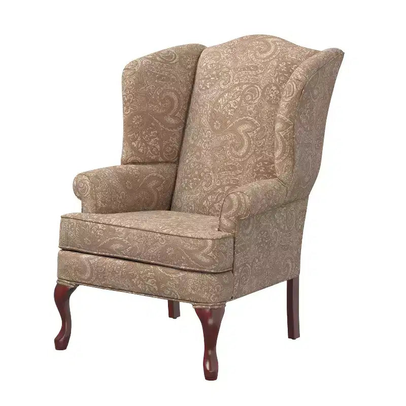 Poltrona Wingback tradizionale con rivestimento in poliestere fantasia Paisley e struttura in legno
