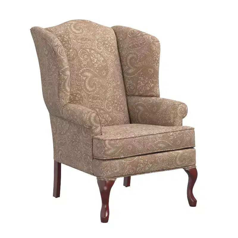 Poltrona Wingback tradizionale con rivestimento in poliestere fantasia Paisley e struttura in legno