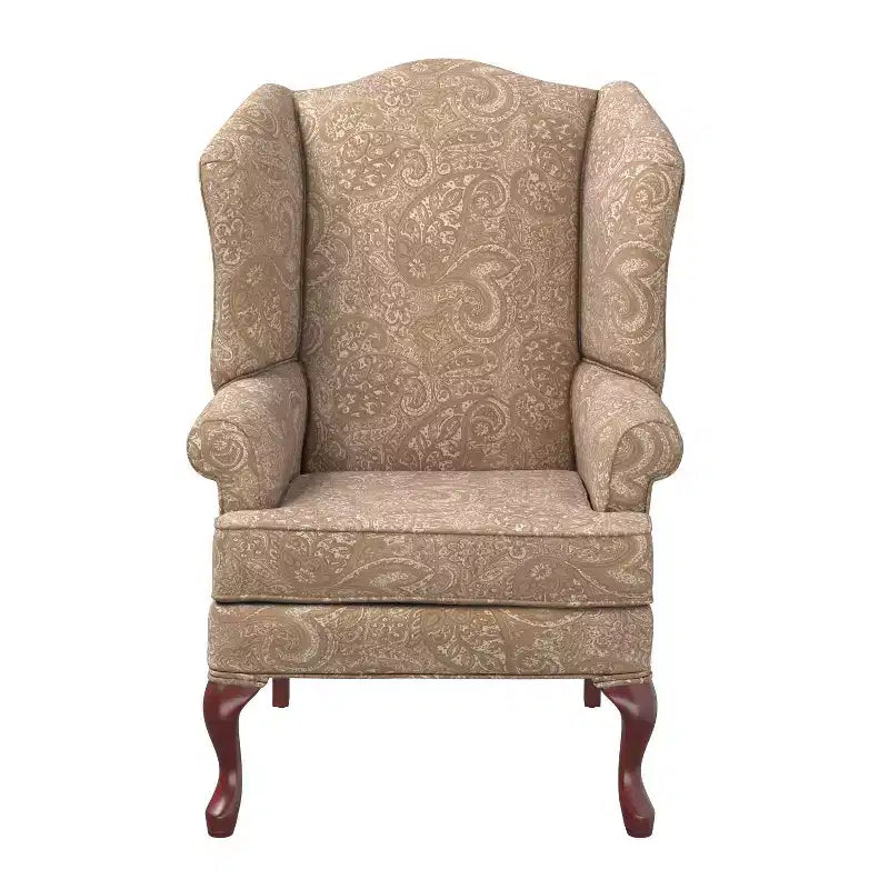 Poltrona Wingback tradizionale con rivestimento in poliestere fantasia Paisley e struttura in legno