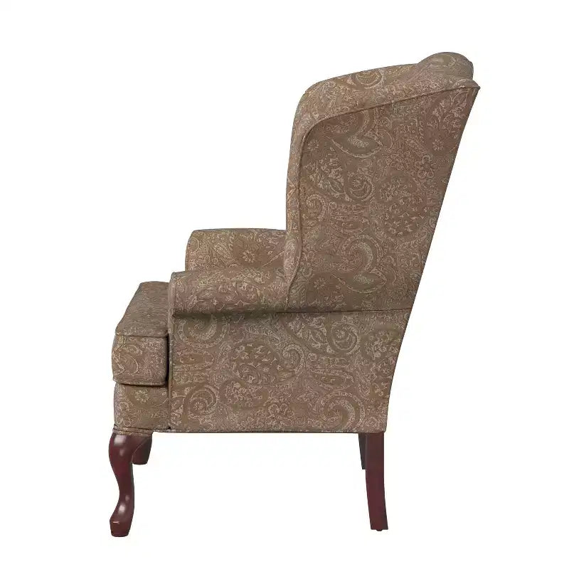 Poltrona Wingback tradizionale con rivestimento in poliestere fantasia Paisley e struttura in legno