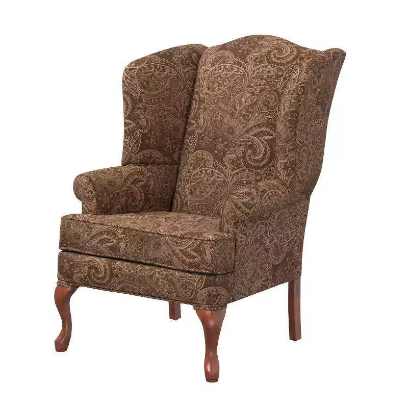 Poltrona Wingback tradizionale con rivestimento in poliestere fantasia Paisley e struttura in legno