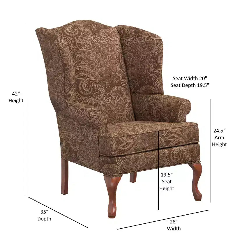 Poltrona Wingback tradizionale con rivestimento in poliestere fantasia Paisley e struttura in legno