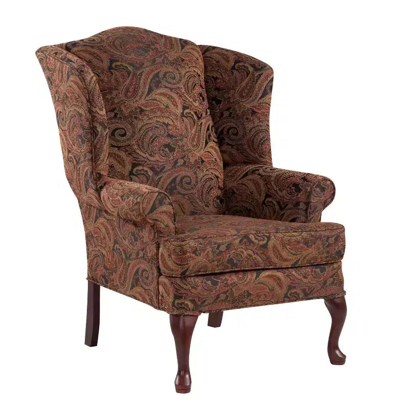 Poltrona Wingback tradizionale con rivestimento in poliestere fantasia Paisley e struttura in legno