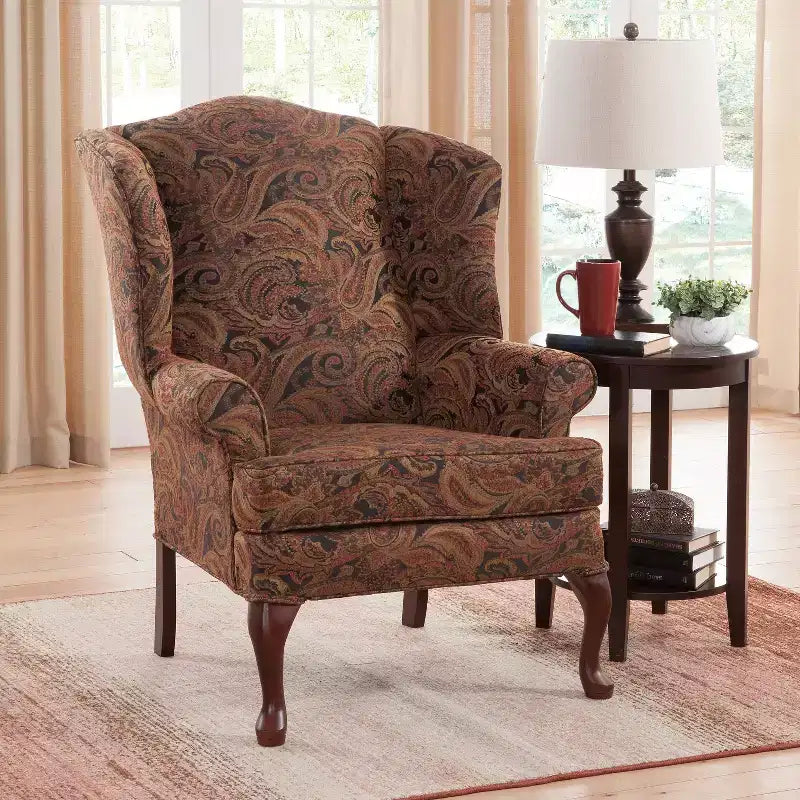 Poltrona Wingback tradizionale con rivestimento in poliestere fantasia Paisley e struttura in legno