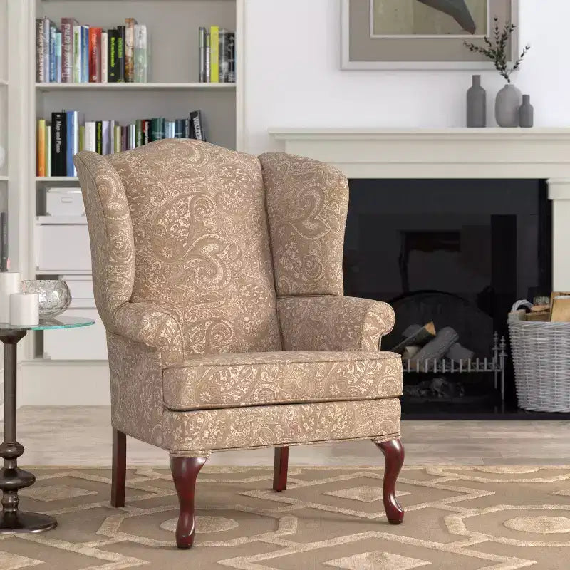 Traditional Wingback Accent Chair with Paisley Polyester Upholstery and Wood Frame