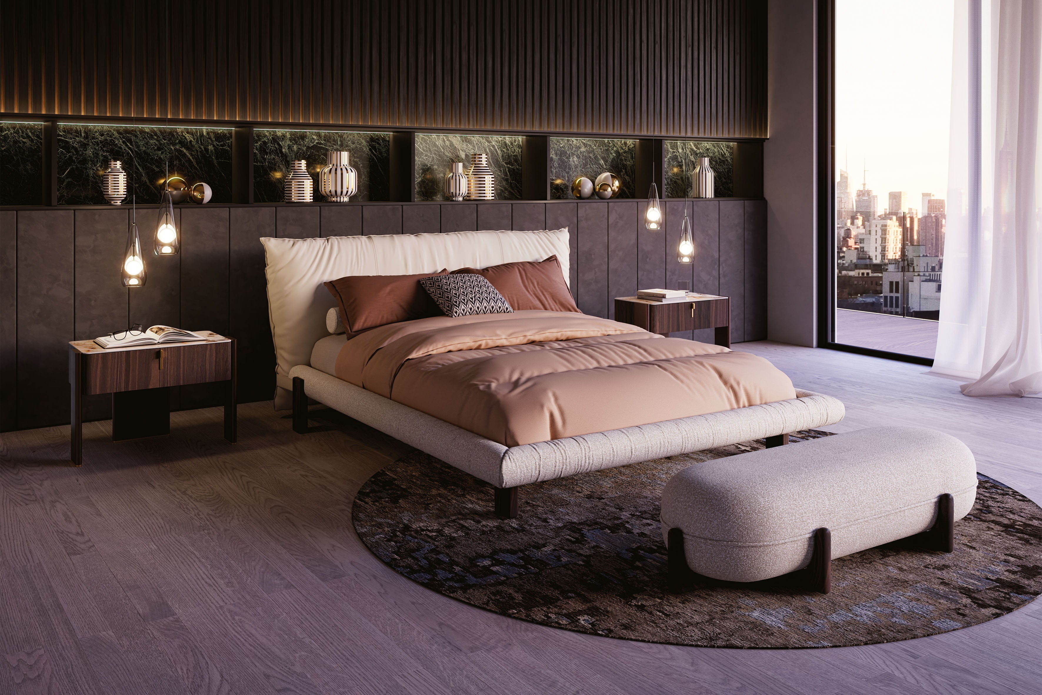 Letto bicolore Pascal - Il rivestimento a strati combina texture e colori per creare profondità visiva, mentre le eleganti cinture in morbida pelle lungo la struttura