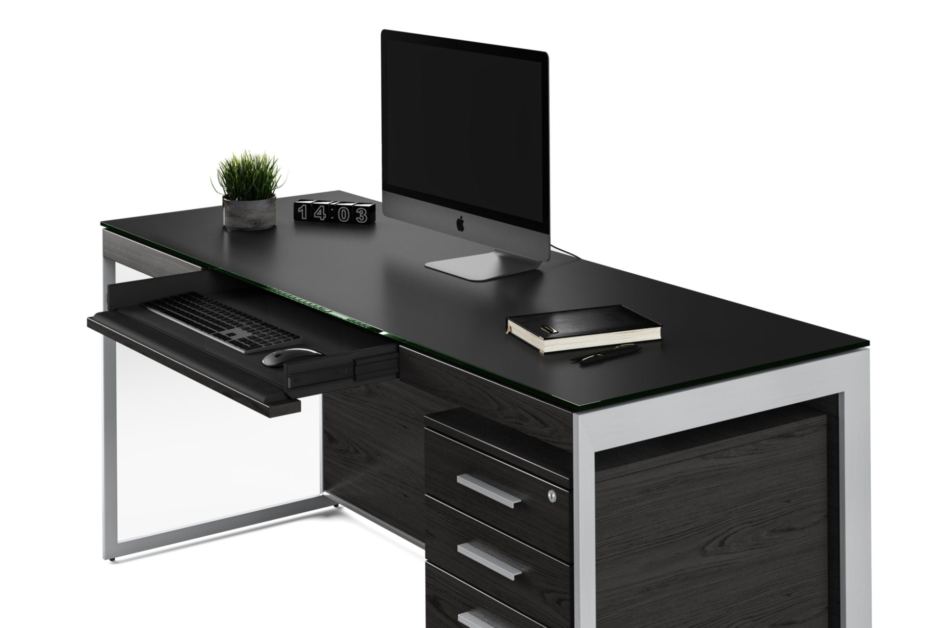 Scrivania moderna per ufficio domestico - Dotata di un pannello posteriore magnetico per l'organizzazione dei cavi e di un ampio spazio di archiviazione all'interno di una struttura minimalista.Caratteristiche: Cassetto per tastiera
