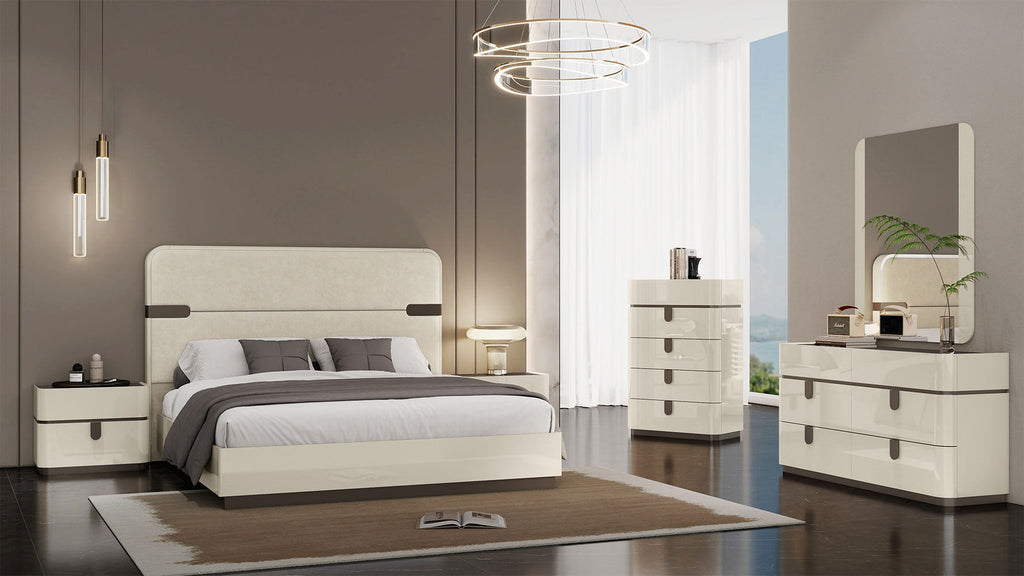 Letto matrimoniale Paramount Premium - Colore: Beige lucido con inserti in metallo marrone Materiale: Legno laccato / Testata imbottita Dimensioni: Queen 137 cm (H) x