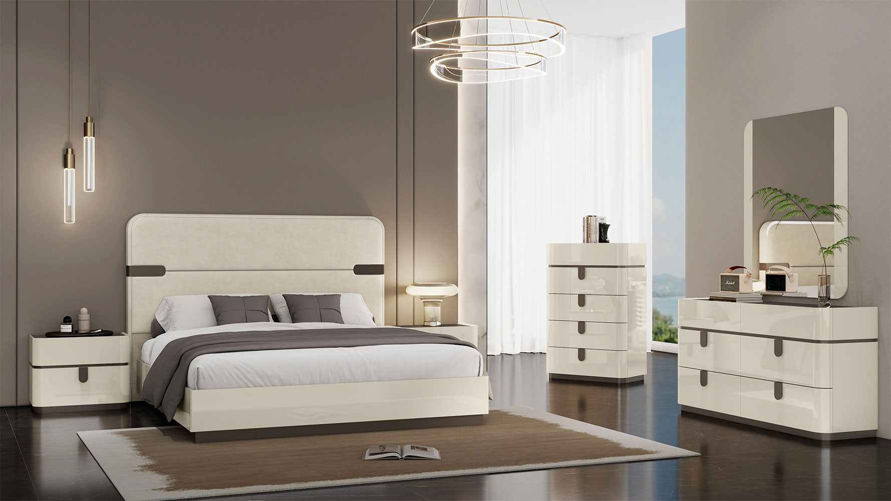 Letto matrimoniale Paramount Premium - Colore: Beige lucido con inserti in metallo marrone Materiale: Legno laccato / Testata imbottita Dimensioni: Queen 137 cm (H) x