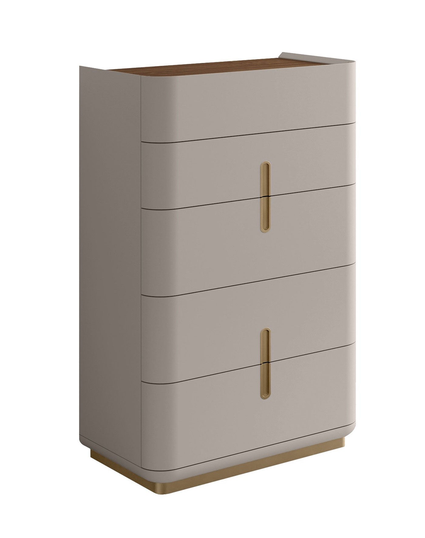 Cassettiera Aurelia - Colore: Grigio Flannel con inserti in Noce Scuro Materiale: Legno laccato Descrizione: Una cassettiera alta con cassetti a chiusura ammortizzata