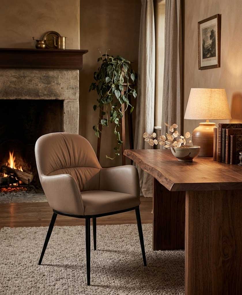 Leather Armchair in Mocha 300 - Features a durable steel frame, tufted backrest, and thick padded seat - Available as an armchair or armless