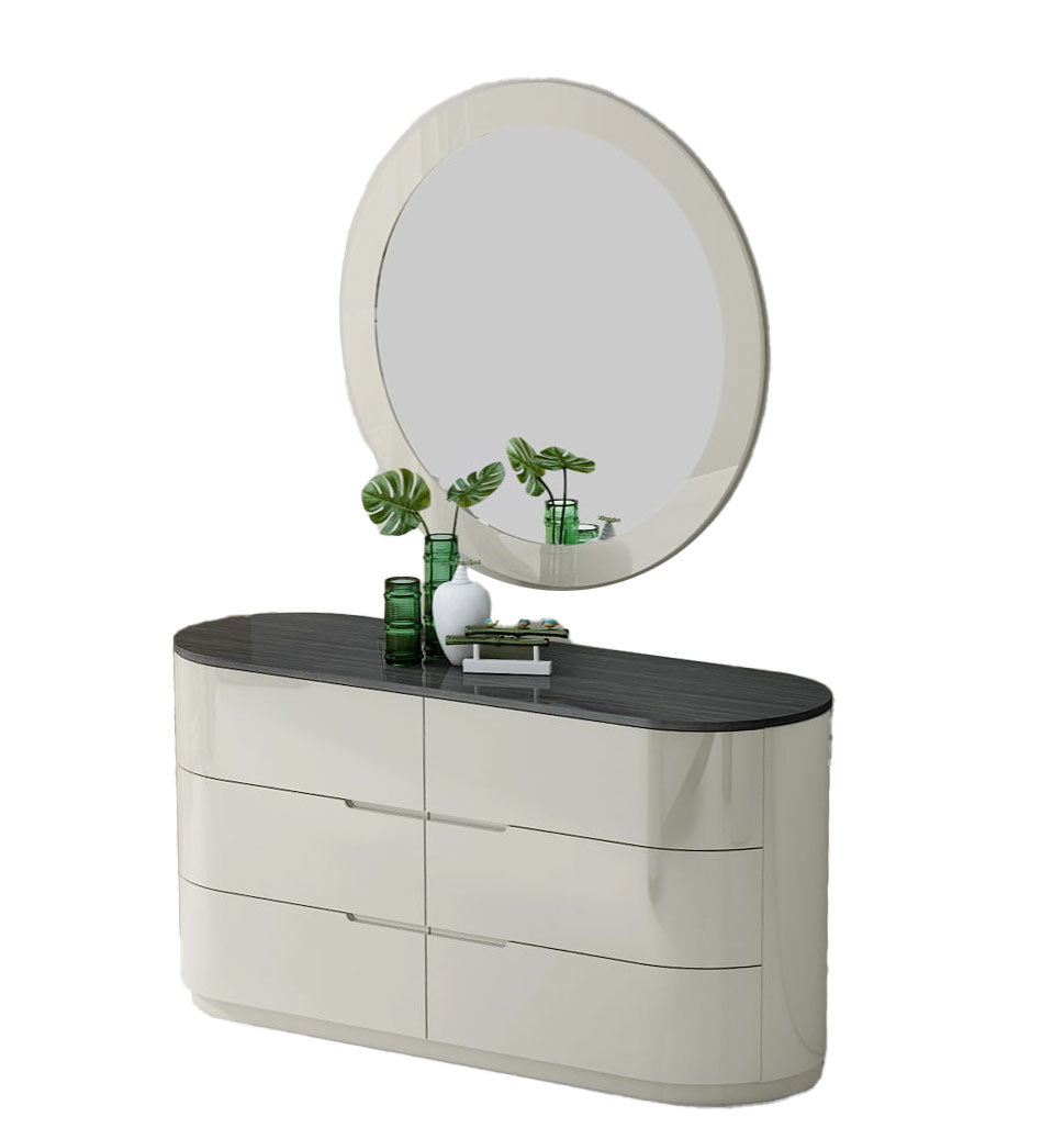 Comò e specchio Amsterdam - Struttura in legno Finitura laccata grigio chiaro Design a piattaforma Guide a chiusura ammortizzata - Struttura in legno Finitura laccata grigio chiaro