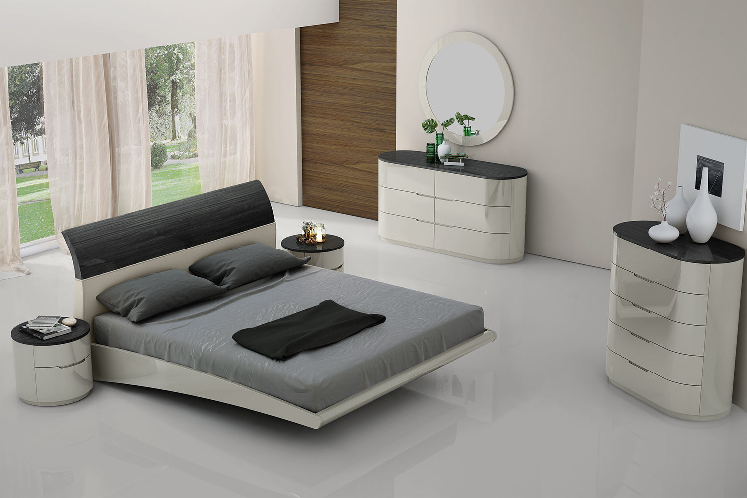 Comò e specchio Amsterdam - Struttura in legno Finitura laccata grigio chiaro Design a piattaforma Guide a chiusura ammortizzata - Struttura in legno Finitura laccata grigio chiaro