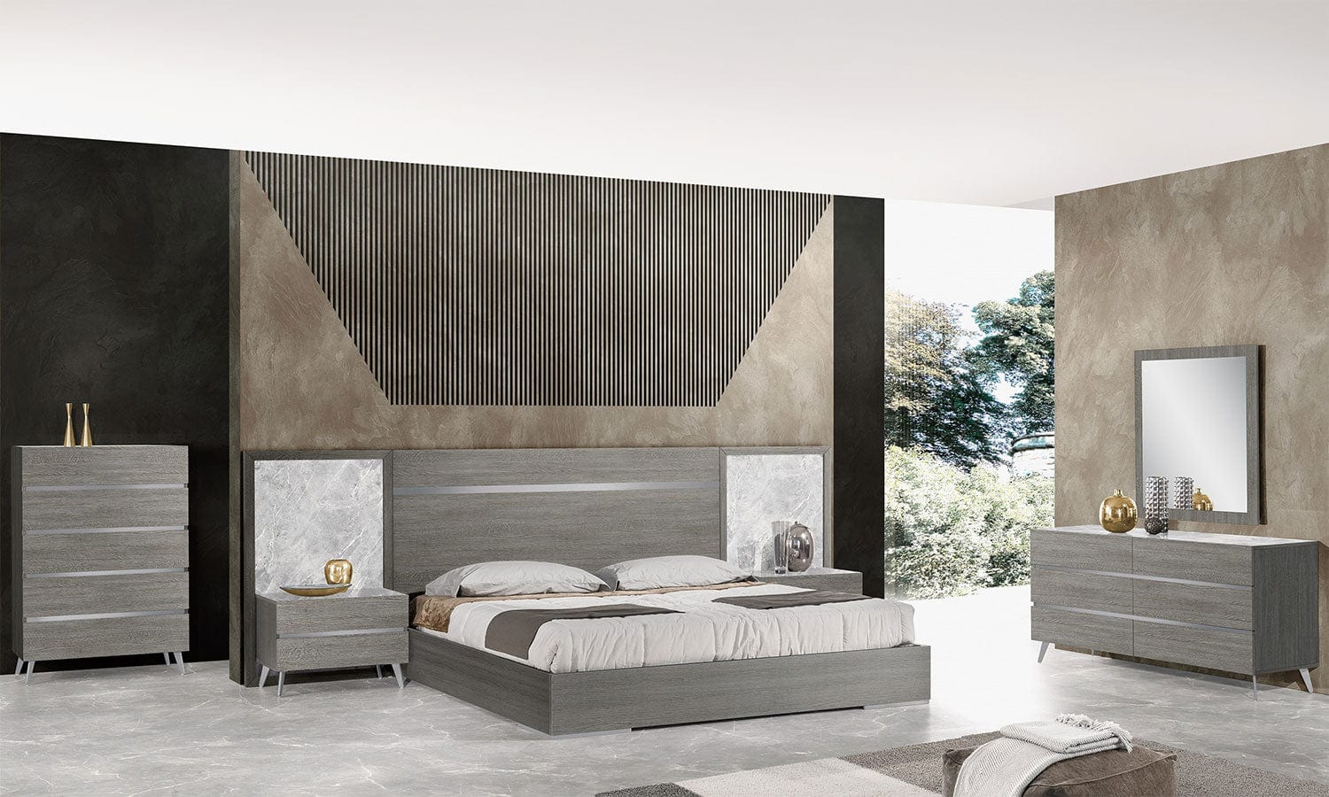 Comodino Victoria - I ripiani della cassettiera e del comò presentano un look in marmo grigio chiaro abbinato, creando un'estetica della camera da letto coerente