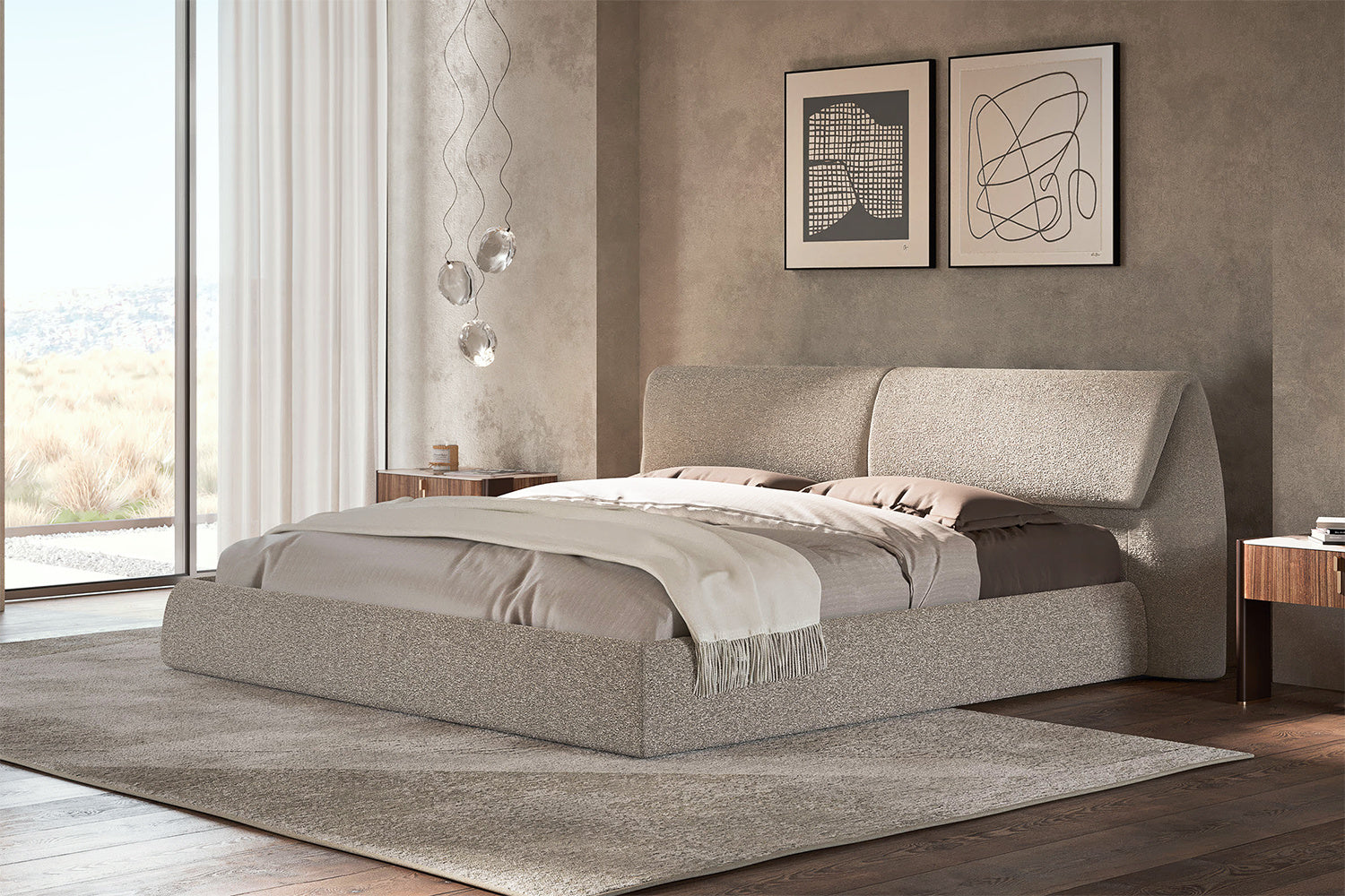Simon Bed - Definito dal suo profilo basso, a filo pavimento, e dalla scultorea testiera imbottita, Simon unisce curve morbide a geometrie precise per creare